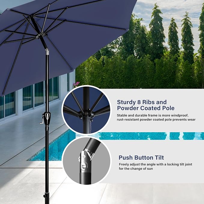 Simple Deluxe 9FT Outdoor Patio Umbrella Table Market Umbrella with Push Button Tilt and Crank, 8 Sturdy Ribs, UV Protection Waterproof for Garden, Lawn, Deck, Backyard, Pool, Dark Blue