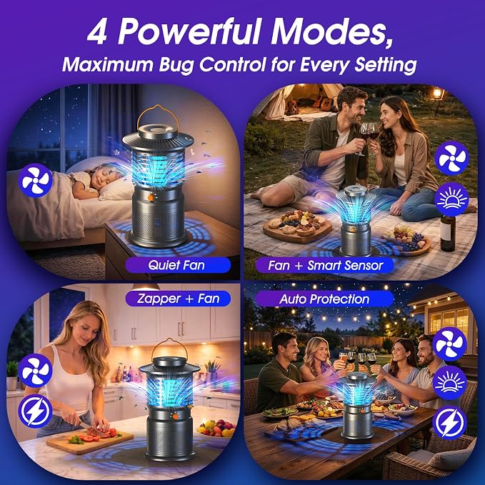 Bug Zapper Outdoor, 2-in-1 Mosquito Zapper with Attraction Light & Airflow Trap, 12H Long-Lasting Rechargeable Cordless Fly Zapper, Auto ON/Off, IPX5 Waterproof or Patio, Camping, Garage