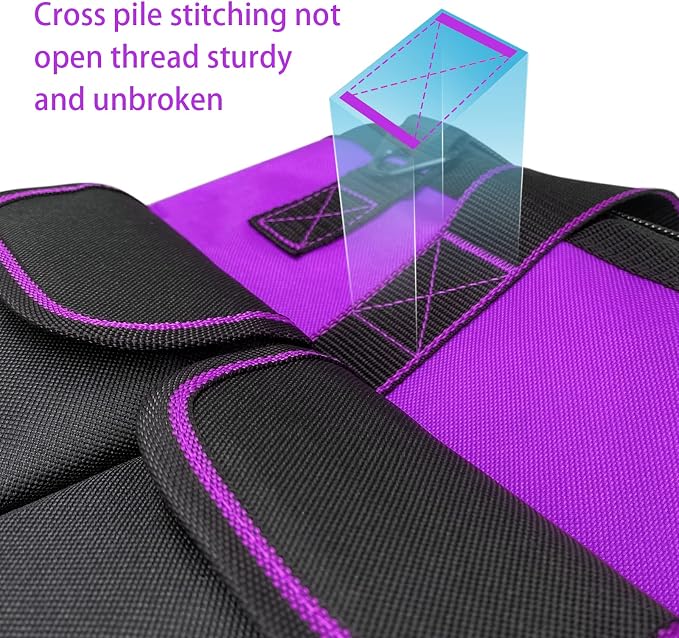 16-inch for women purple Tool Bag Non-slip feet adjustable shoulder strap 14 functional insert pockets,large capacity Men's heavy-duty toolbox,for electricians, carpentry,gardening (Purple)