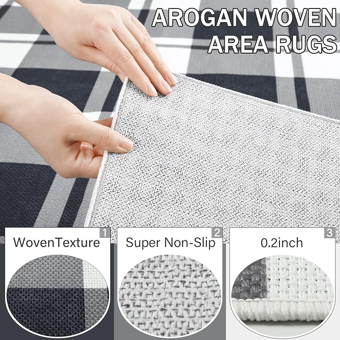 2x6 Checkered Jute Runner Rug for Kitchen Indoor Floor Area Carpet | Washable Jute Area Rug With Non-Slip Backing, Low-Pile Texture, Farmhouse Geometric Pattern In Neutral White/Black, Durable
