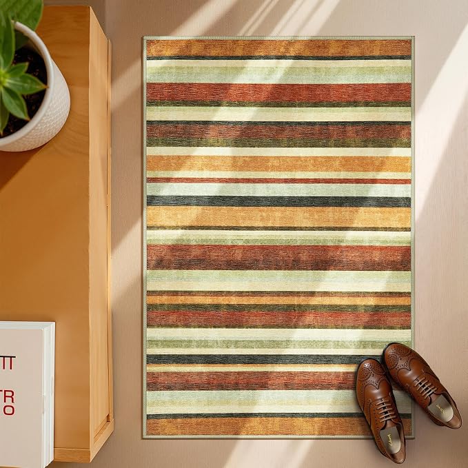 jinchan 2x3 Striped Rug for Entryway Washable Kitchen Rug, Caramel Dusk | Non-Slip, Thin, Lightweight, for High-Traffic, Decor Carpet, Modern, Small, Doormat, Indoor Entrance, Laundry Room, Bathroom