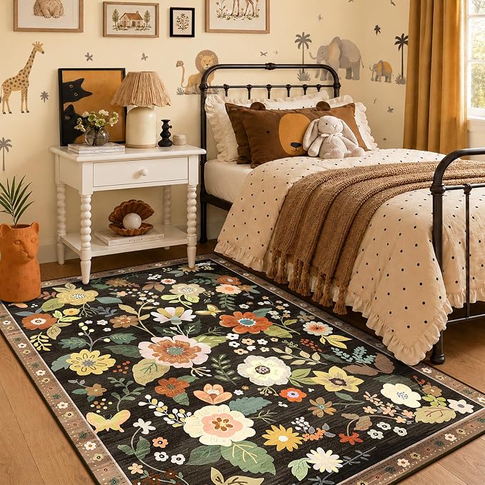 RELEANY Floral Washable 3x5 Area Rugs Black/Yellow | Flower Carpet, Print, Boho, Non-Slip, Easy to Clean, Soft, Low Pile for Living Room Bedroom Kitchen Office Entryway Hallway