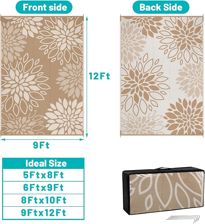 HEBE Waterproof Outdoor Rug 9x12 for Patios, Floral Reversible Plastic Straw Rug Patio Mat, Indoor Outdoor Carpet RV Mat Camping Rug for Deck, Camper, Porch, Balcony, Backyard, Picnic