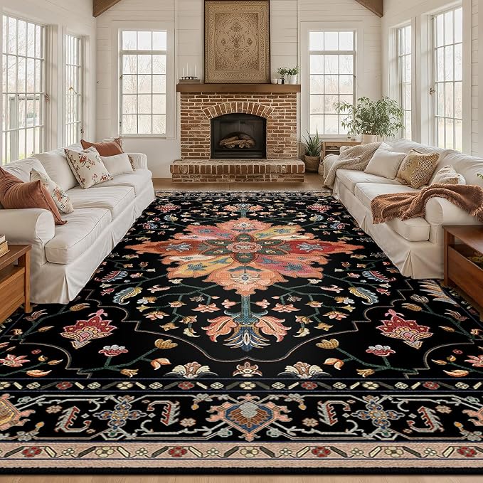 RELEANY Washable Area Rug, Large 10'x12', Black/Colorful | Non-Slip, Water Repellent, Pet Friendly, Easy to Clean, Vintage Floral Boho Decor for Living Room Bedroom Dining Room