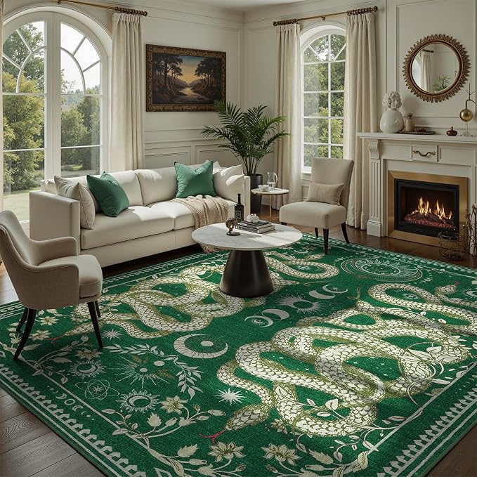 DCX 8x10 Washable Snake Rug for Living Room, Non Slip Low Pile Rug, Green | Rugs for bedroom, dining room, office, soft, gothic rug, sain resistant indoor carpet, home decor