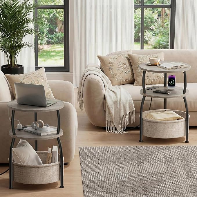 Round Side Table with Charging Station, USB Type C Port, Greige | End Table with Power Outlet and Basket, Space Saving, 3-Tier Nightstand, Corner Stand, for Living Room, Bedroom, Patio