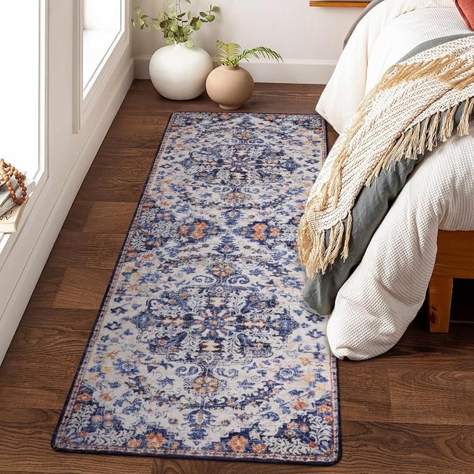 Lahome Reine 2x6 Blue Washable Hallway Runner Rug, Bohemian Floral Medallion Kitchen Carpet Runner, Soft Non Skid Floor Runners for Bathroom Bedroom Vanity Office Sunroom