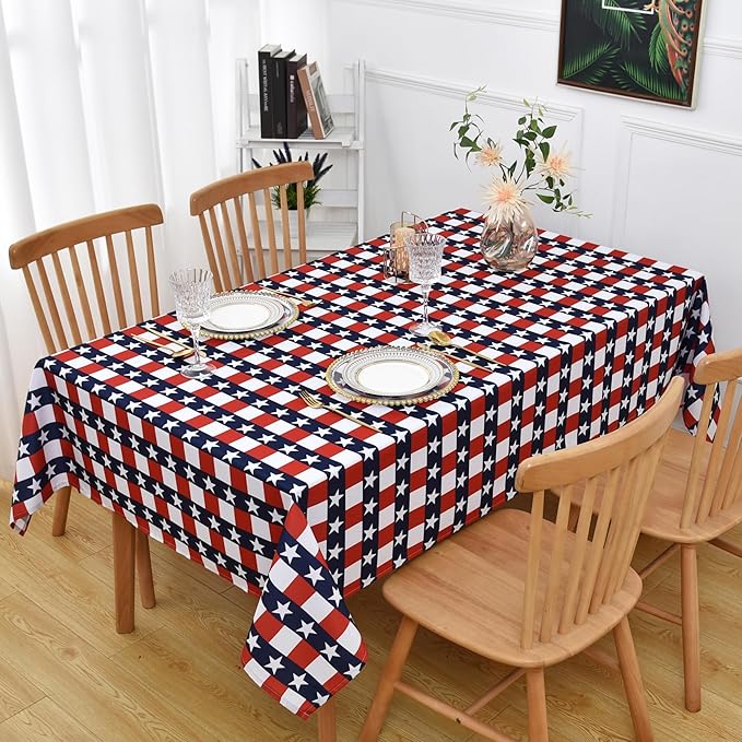 Classic 4th of July Tablecloth Fabric - Oblong 58x120 Water Resistant Chequered Memorial Table Cloth for Indoor/Outdoor Use - Tabletop Cover for Birthday, Picnics, Gardens， and Parties