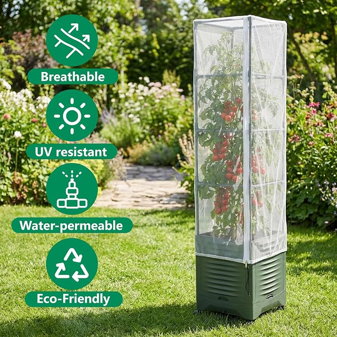 2 Pcs Garden Bird Netting Plant Cover for Square Tomato Cage, 59" x 17.7" Insect Bird Barrier Tomato Cage Net with Zipper & Drawstring, Tomato Trellis Netting Protection Cover for Protecting Plants