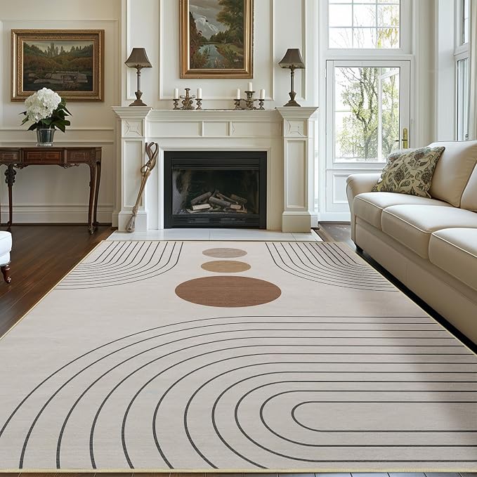 8x10 Area Rug for Living Room Boho Modern Minimalist Geometric Abstract Large Rug Neutral Beige Mid Century Modern Machine Washable Non-Slip Printed Low-Pile Indoor Floor Carpet Dining Room Bedroom