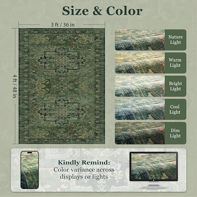 Dark Green 3x4 Rugs for Entryway Indoor, Distressed Medallion Door Mat Indoor Entrance, Washable Non Slip Low Pile Thin Small Carpet Rug for Kitchen/Bedroom/Bathroom/Laundry Room