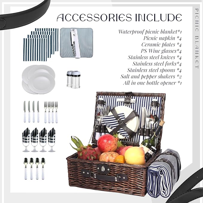 Picnic Basket Set for 4 with Waterproof Blanket Mat Insulation Bag Wicker Navy Blue Vintage Classic Gift for Christmas Thanksgiving Wedding Birthday Camp Outdoor Beach Travel