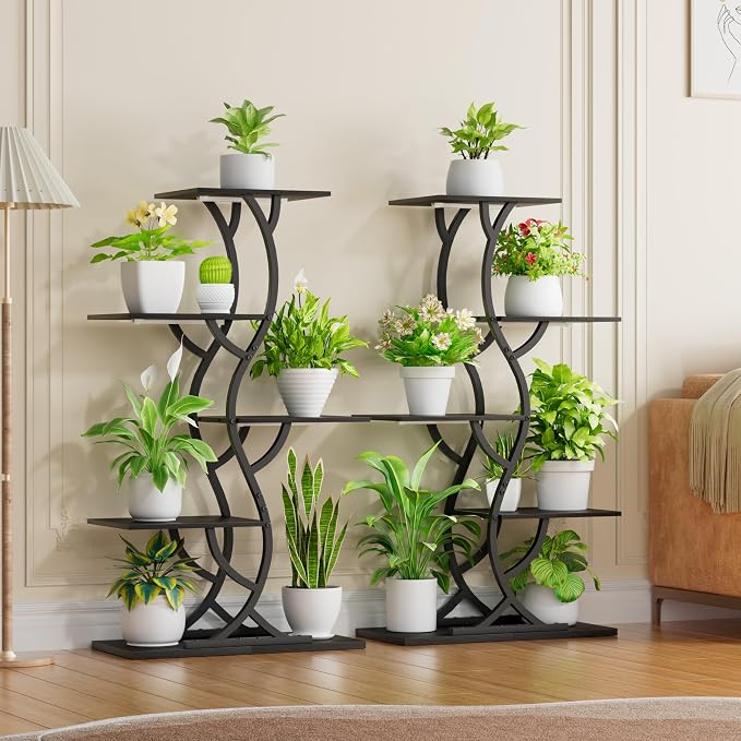 Plant Stand Indoor with Grow Lights - 44" Tall Corner Plant Stands for Indoor Plants, 5 Tiered Metal Plant Shelf, Curved Plant Flower Holder Dispaly Rack for Living Room, Home Patio Balcony (Blackboard)