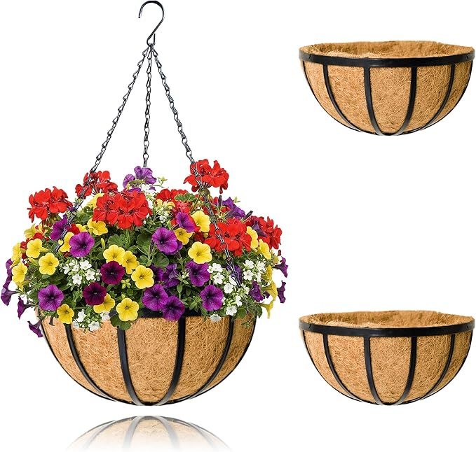 2 Pack 12 Inch Hanging Planters for Outdoor Plants Metal Hanging Planter Basket with Coco Coir Liner Round Plant Black Flat Iron Metal Flower Pots for Deck Patio Porch Garden Balcony