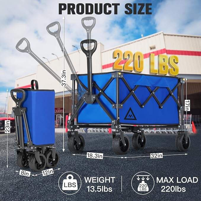 Wagon Cart Shopping Cart Large Capacity Collapsible Wagon with Wheels On Beach Garden Outdoor Utility Carts for Grocery All Terrain Portable Wagons Carts for Groceries Sand Camping Sports Blue