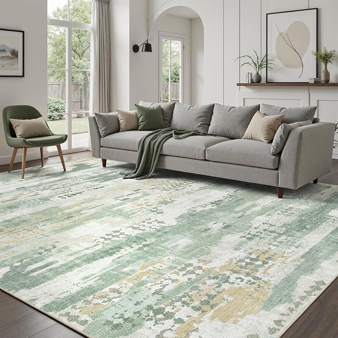 DCX Washable Abstract Area Rug 8x10, Non Slip Low Pile Rug, Sage Green | Easy to clean, non-shedding, soft, kid & pet friendly, with a non-slip rubber backing for living rooms, bedrooms, and offices