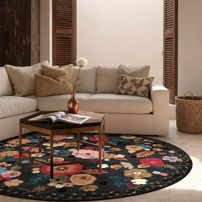 4ft Round Bedroom Rug Washable: Circle Rugs for Living Room Floral Vintage Non Slip Low Pile Soft Faux Wool Non Shedding Small Carpet for Kitchen Entryway Bathroom Bedside Office Farmhouse Entrance
