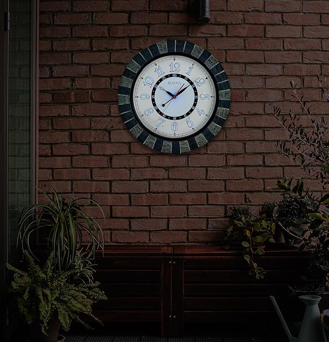 Bulova C3392 Outdoor Lighted Patio Clock | Weather-Resistant | Large Numerals | Elegant Finish | Outdoor | Battery Powered