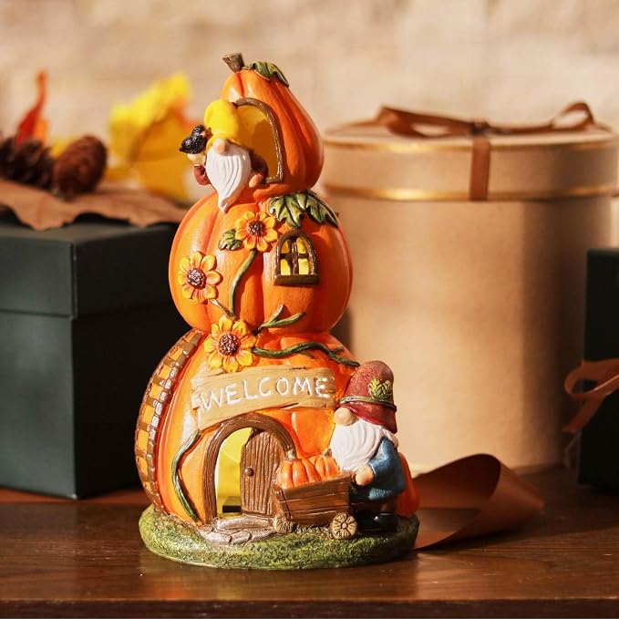 TERESA'S COLLECTIONS Fall Decor, Pumpkin Decor, Orange Pumpkin Fairy House and Gnomes Santa with Solar Lights, Waterproof Resin Outdoor Fall Decor, Fall Gifts Outdoor/Indoor, 9.7"