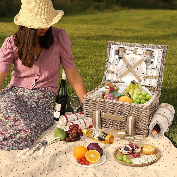 19Pcs Picnic Basket for 2 with Blanket - Wicker Picnic Basket with Strap,Wine Bag | Willow Picnic Set for 2 Person with Insulated Cooler | Wicker Hamper with Cutlery Kit, Beige
