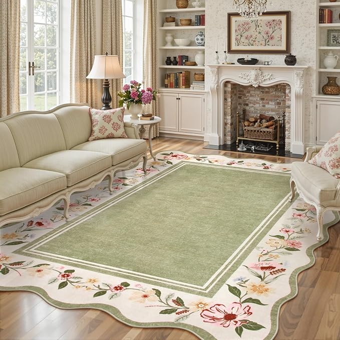 Lahome Green Scalloped Living Room Rug 8x10 | Non-Slip Soft Bedroom Rugs Stain Resistant, Floral Bedroom Rug 8x10 Under Bed Carpet for Nursery Playroom Dining Room Ariele
