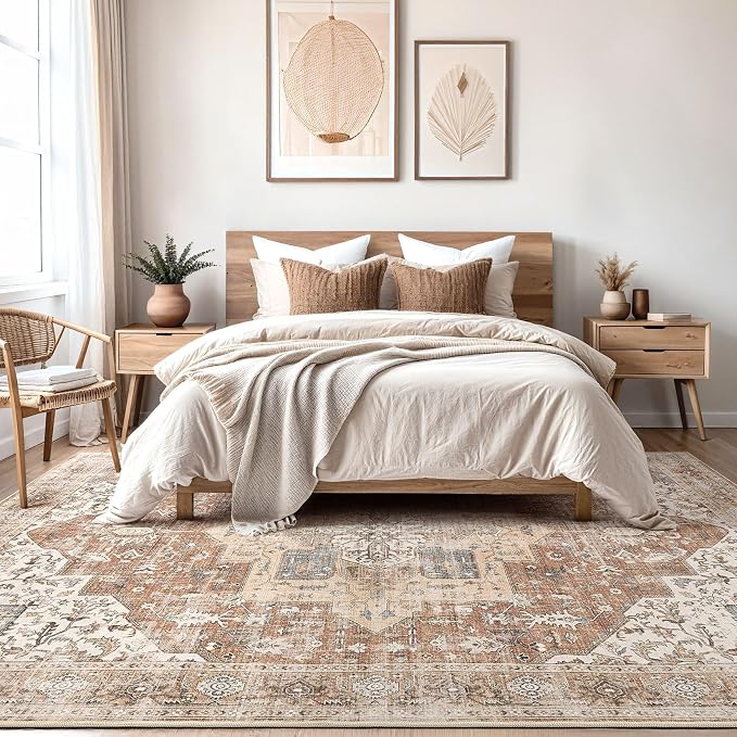 DTICON Vintage Washable 12x15 Area Rug Living Room Rugs, Brick Red | Boho Distressed, Pet & Kid Friendly, Non-Slip Backing, Soft Polyester, Low-pile Carpet for Living Room, Bedroom, Dining Room