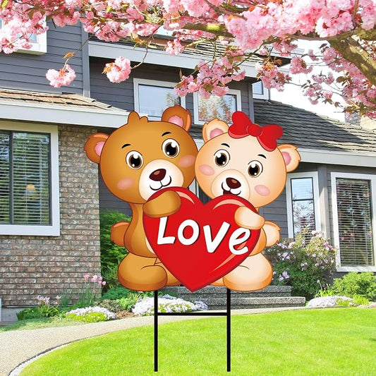 JarThenaAMCS Valentine' s Day Metal Garden Stake Welcome Yard Sign Bear Couple with Love Heart Decorative Lawn Sign for Wedding Anniversary Home Outside Lawn Porch Walkway Decor
