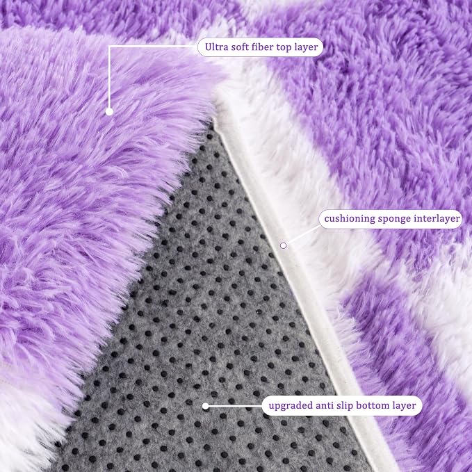 Checkered Rugs for Bedroom, 4x6 Ultra Fluffy Fuzzy Shag Area Rug for Living Room, Modern Plush Soft Upgrade Non-Slip Carpet for Kid Girls and Boys Room Dorm Nursery Home Decor, White and Purple