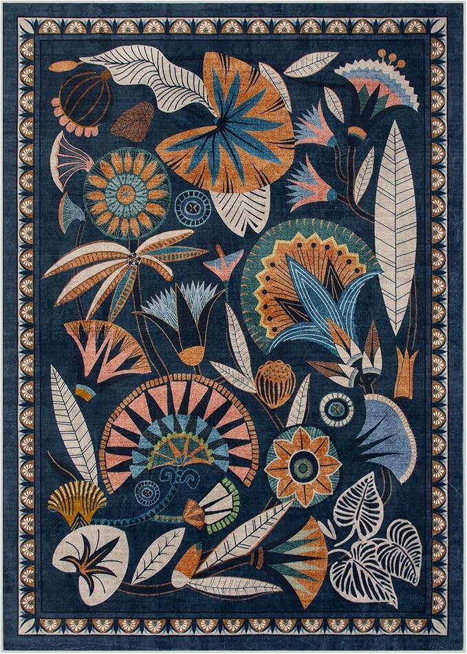 Zealude Egypt Floral Washable 5x7 Area Rug for Living Room, Large Boho Bedroom Dining Room Rugs for Under Table, Vintage Non Slip Soft Throw Carpet for Playroom Office Apartment (Dark Blue, 5 x 7)
