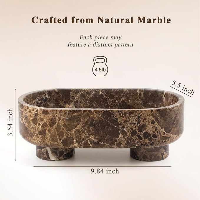 LIN CHUAN Natural Oval Marble Fruit Bowl for Kitchen Counter | Two-Legged Decorative Pedestal Bowl for Dining Table Decor, 10" Luxury Entryway Catchall Purse Bowl - Dark Brown