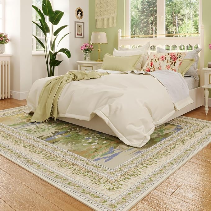 Rugcomf 5x7 Area Rugs Impressionist-Style Vintage Washable Area Rug Non Slip Low Pile Large Rugs for Living Room Bedroom Farmhouse Dining Room Kids Playroom, Beige