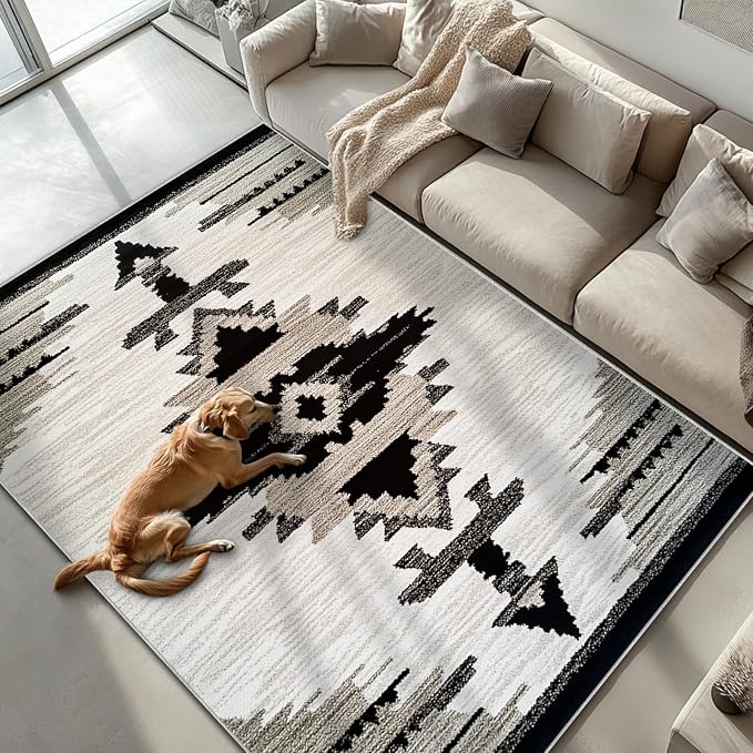 Western Area Rug Southwestern Aztec Washable 6x9 Rugs for Living Room Bedroom Tribal Black Gray Beige Non-Slip Soft Floor Large Carpet for Office Entryway Bathroom