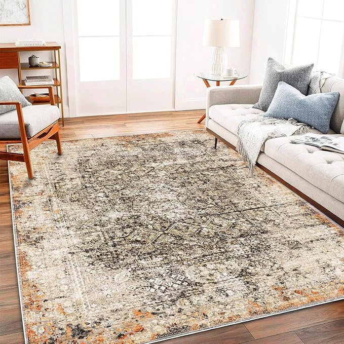 CHAMPLANT Area Rug 6'x9' Washable Vintage Traditional Floor Cover Thin Retro Kitchen Indoor Distressed Non Slip Carpet Floral Print Mat for Living Room Bedroom Dining Room