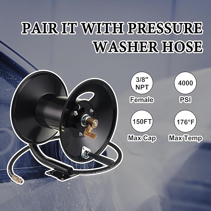 M MINGLE High Pressure Washer Hose Reel 150ft x 3/8" / 300ft x 1/4" | Heavy Duty Steel Hose Reel, Manual Crank Power Washer Hose Reel with Swivel Arm and Mounting Bracket, 4000 PSI
