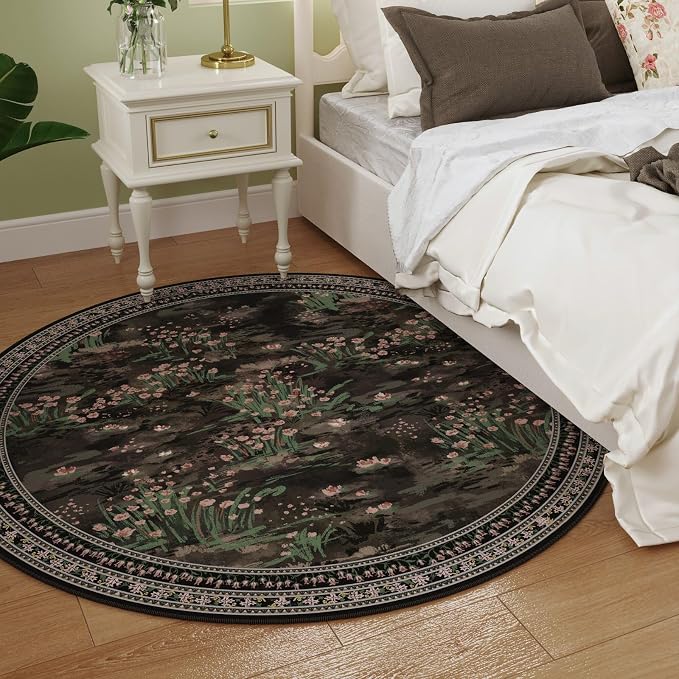 Rugcomf Circle Rug Impressionist-Style Vintage Round Rug 4ft Non Slip Low Pile Small Circular Rug for Bedroom Bathroom Entryway Kids Room Office College Dorm, Black