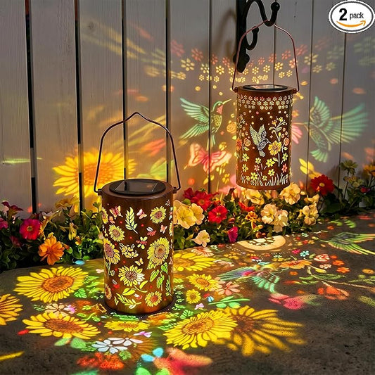 2 Pack Colorful Solar Outdoor Lanterns Waterproof - Sunflower + Hummingbird Solar Lantern Hanging Solar Light for Courtyard & Garden Decor, Ideal Birthday Gifts Mothers Day Gifts for Mom Wife Grandma