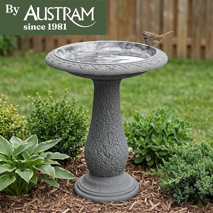 Large Bird Bath for Outside 23 Inch Weathered White - Stone-Resin Composite Pedestal Birdbath Bowl - Standing Outdoor Garden Decor for Front Porch Patio Yard Backyard Lawn Ornament