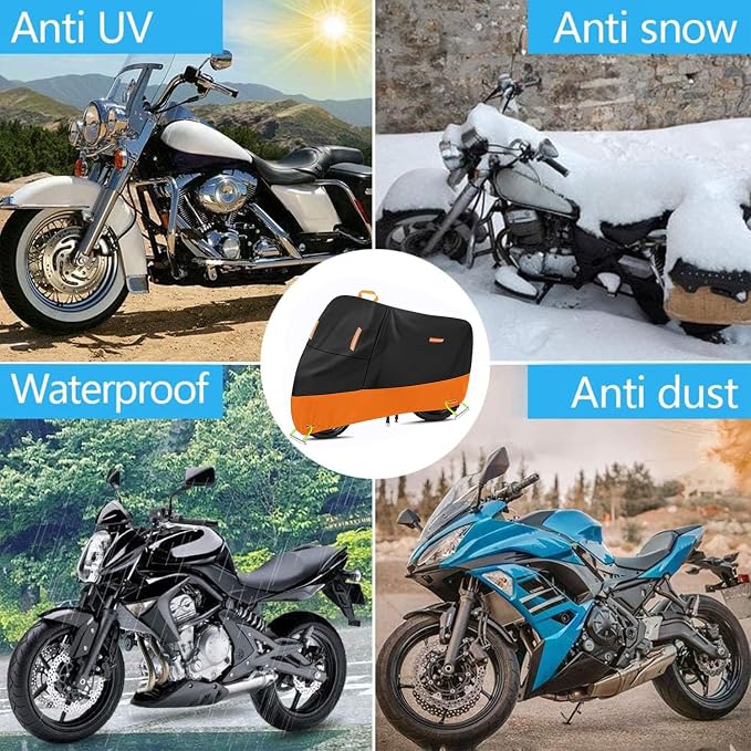 Powersports Vehicle Covers Black & Orange Waterproof Motorcycle Cover with Lock Holes 300D Oxford Heavy Duty Impermeable para Moto Scooter Cover 150cc Waterproof (XL: 82" x 37" x 50")