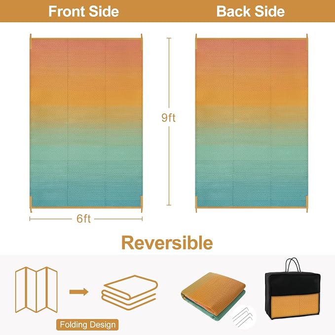 Lahome Outdoor Patio Rug Waterproof 6x9 Outside, Plastic Straw Rug Reversible Rv Mat,Large Porch Floor Carpets,Lightweight Portable Camping Carpet for Deck Balcony Tent, Blue-Orange 6x9