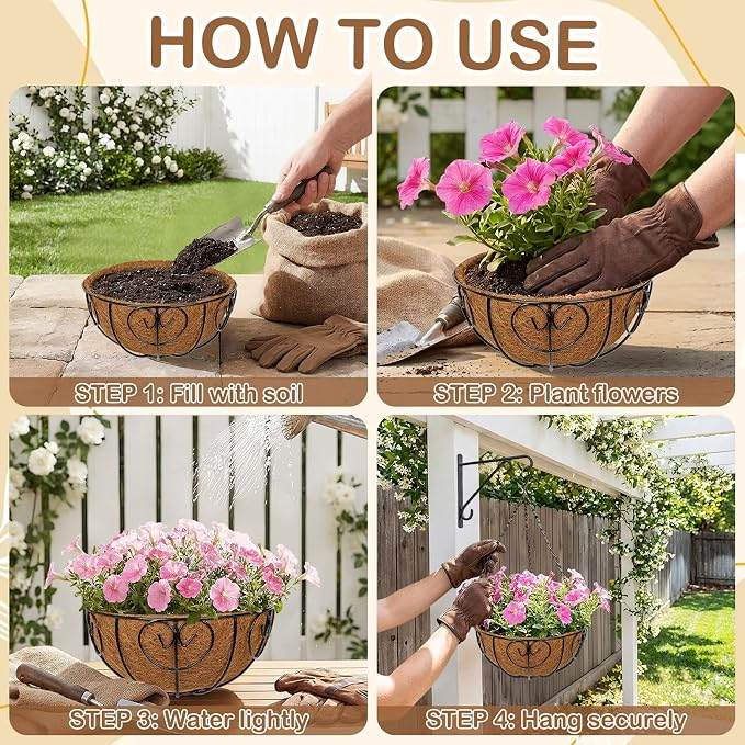10 inch Metal Hanging Baskets for Plants Outdoor, 6 Pack Metal Wire Hanging Basket Planter with Coco Liner Flower Pots for Indoor Outdoor Garden Porch Patio, Heart-Shaped