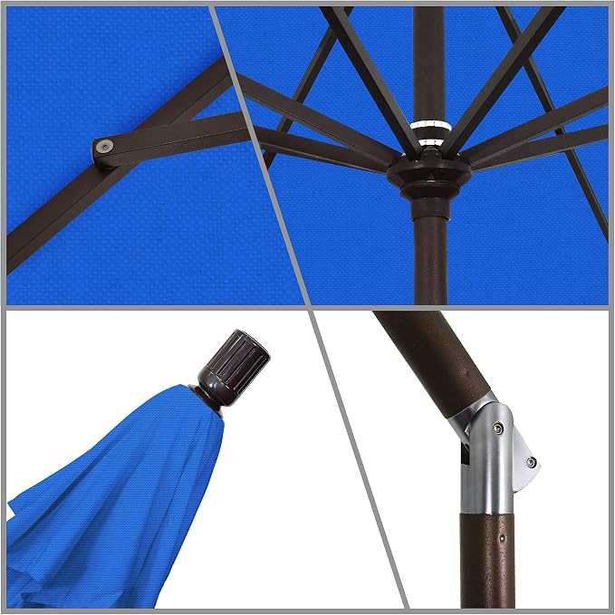 California Umbrella 9' Round Aluminum Market Umbrella, Crank Lift, Collar Tilt, Bronze Pole, Royal Blue Olefin