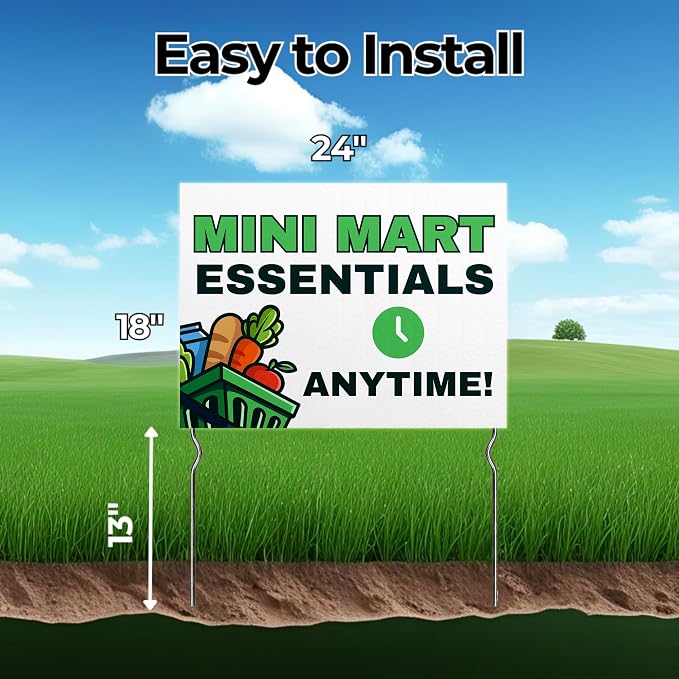 Mini-Mart - Essentials Anytime! Yard Sign by DC | 24"x18" Double Sided Conv. Store Garden Sign with 13” Metal Stakes | Outdoor Signs Waterproof for Lawn, Patio, Sidewalk & House | Set of 1
