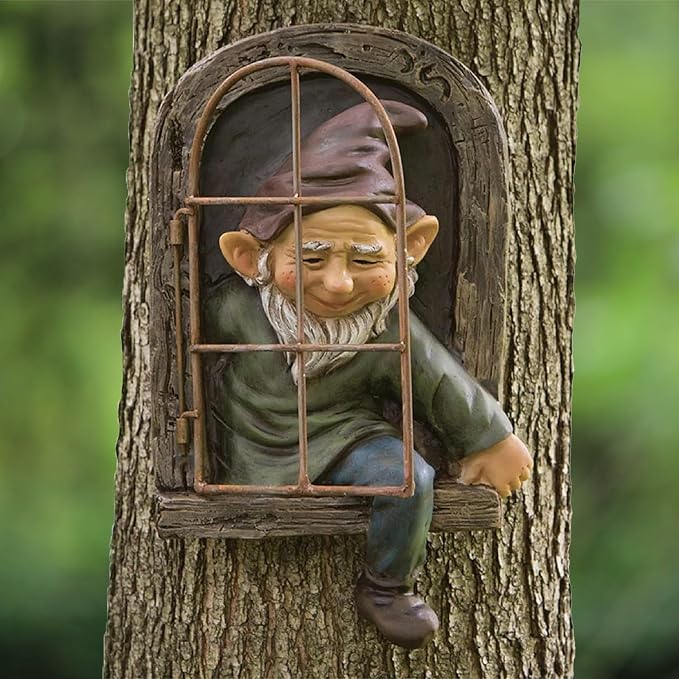 Elenon Gnome Big Tree Faces Garden Decor, 13 inch Gnome Coming Out of Tree Outdoor Decorations, Fairy Elf Hugger Whimsical Peeker Sculpture Yard Patio Art