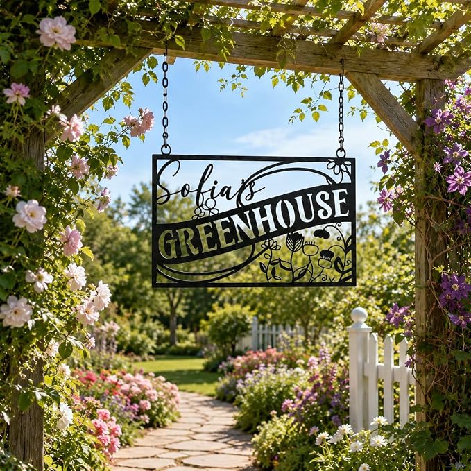Personalized Greenhouse Sign, Custom Metal Garden Plaque with Family Name, Rustic Outdoor Wall Art for Garden Decor, Unique Mother's Day & Gardener Gift for Yard and Patio