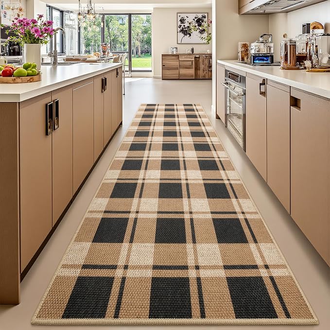 2x8 Checkered Jute Runner Rug for Kitchen Indoor Floor Area Carpet | Washable Jute Area Rug With Non-Slip Backing, Low-Pile Texture, Farmhouse Geometric Pattern In Neutral Brown/Black, Durable