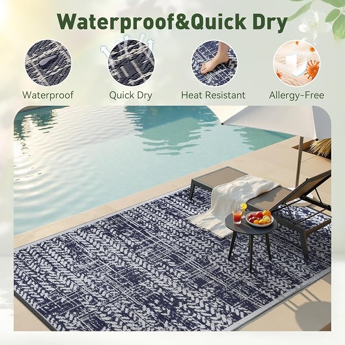 MontVoo Outdoor Rug Waterproof-Patio Rug Mat 6x9 Outdoor RV Camping Picnic Beach Mat Plastic Straw Rugs Outside Outdoor Area Rugs for Balcony Deck Backyard Navy Blue