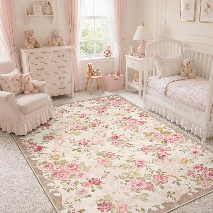Lahome Pink Floral Nursery Rug 4x6, Low Pile Ultra-Thin Girls Bedroom Rug | Pet Friendly, Easy To Clean Non Slip Carpet For Baby Girl Nursery, Playroom And Cottage Decor