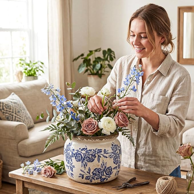 7.7" Large Vintage Ceramic Plant Pot Blue White Rose Crackle Glaze Rustic Flowers Pot Decorative Planter with Drainage for Indoor Outdoor Plants Kitchen Office Home Decor Gift