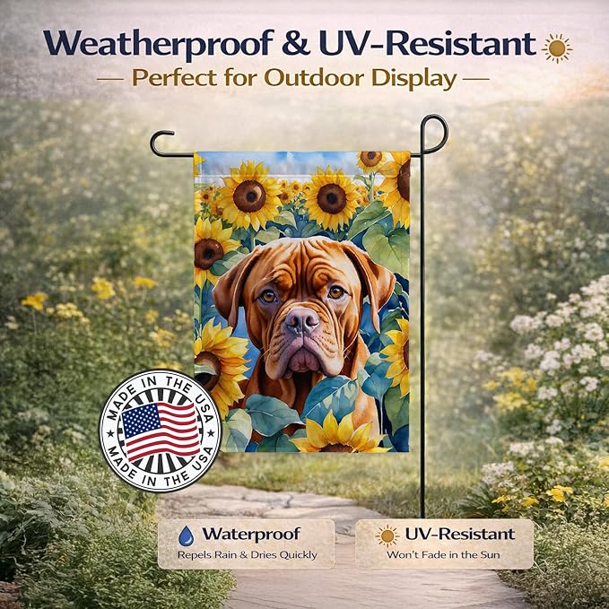 Caroline's Treasures DAC6069GF Dogue de Bordeaux in Sunflowers Garden Flag Mailbox Flag Decorative Yard Flag Banner Outside Patio Artwork Yard Flower Beds, Garden Size, Multicolor