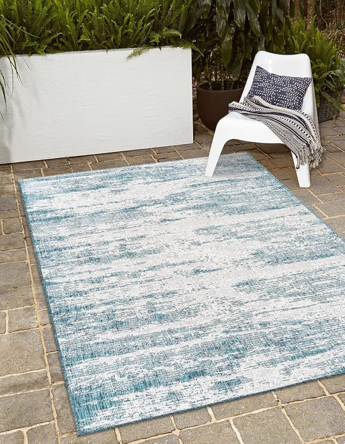 Unique Loom Outdoor Modern Collection Area Rug - Cartago (5' 3" x 7' 10" Rectangle, Teal/ Ivory)